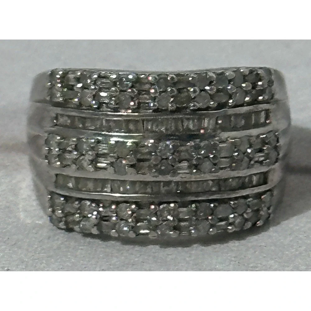 Sterling Silver 925 Multi Row Round Baguette Diamond Ring‎ Size 7